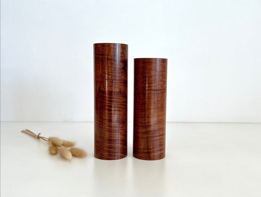 Wooden cylindrical shape salt and pepper grinders made from Australian Fiddleback Western Myall timber