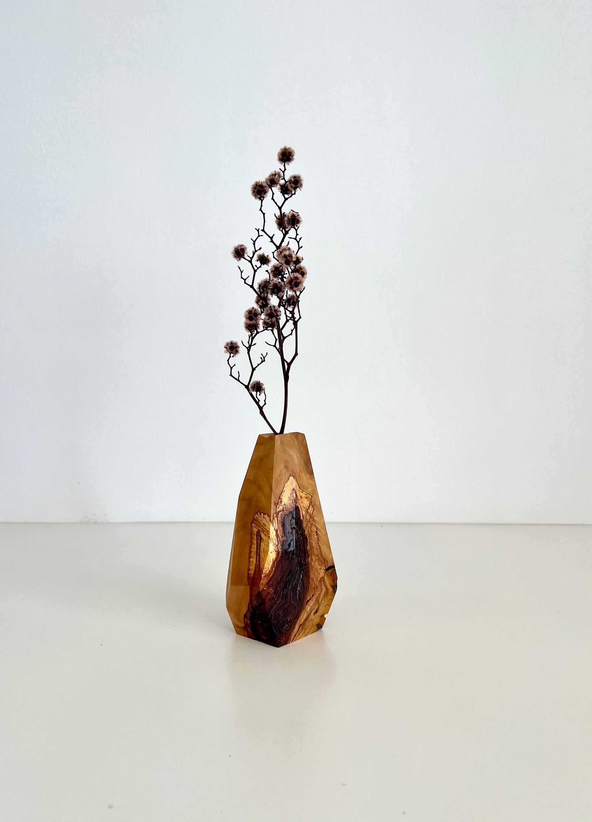 Wooden Geometric multi-faceted bud vase with dried flowers made from Australian reclaimed timber