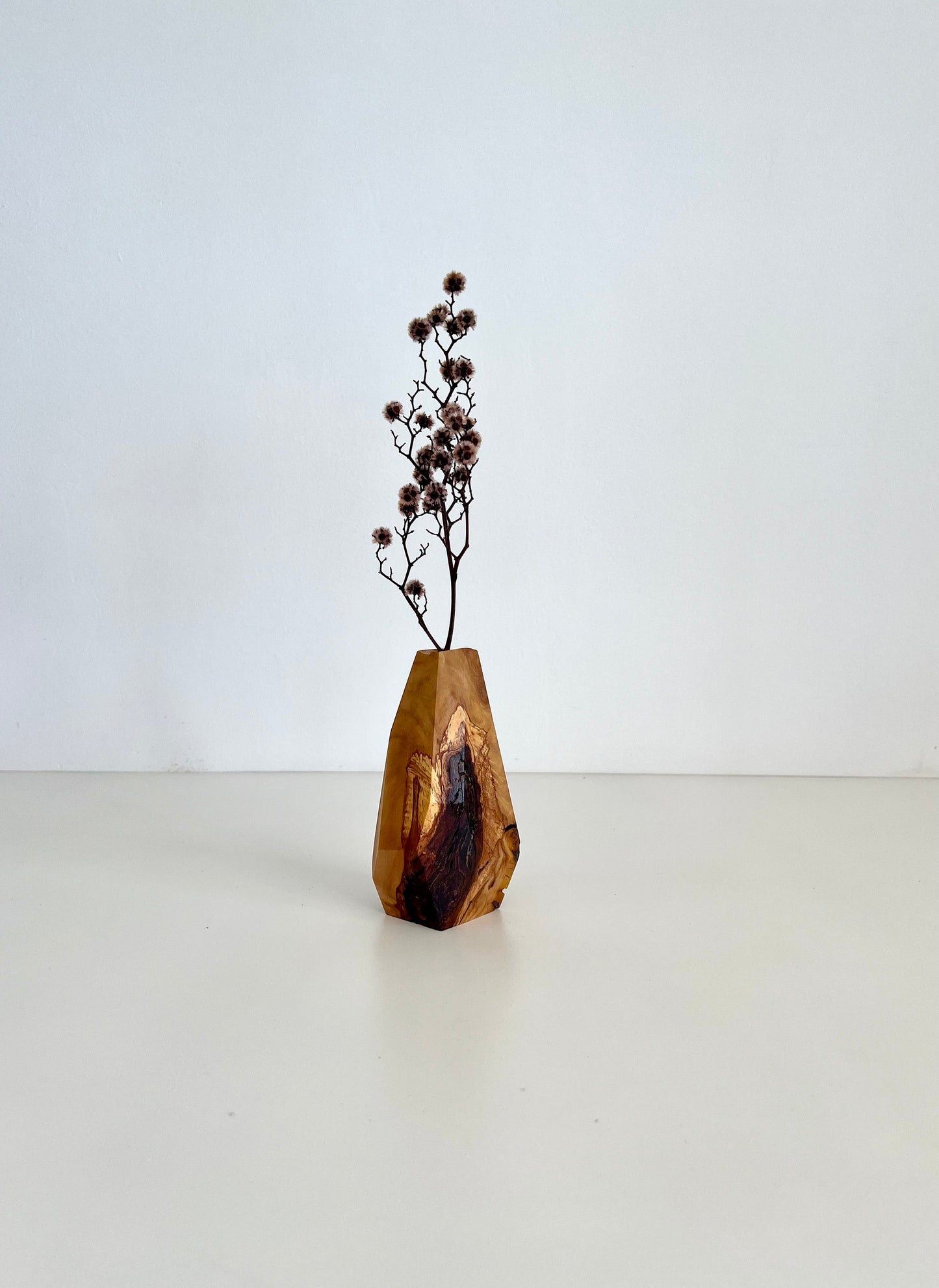 Wooden Geometric multi-faceted bud vase with dried flowers made from Australian reclaimed timber