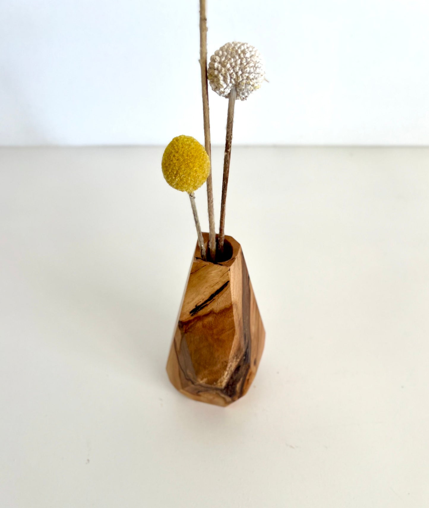 Wooden Geometric multi-faceted bud vase with dried flowers made from Australian reclaimed timber