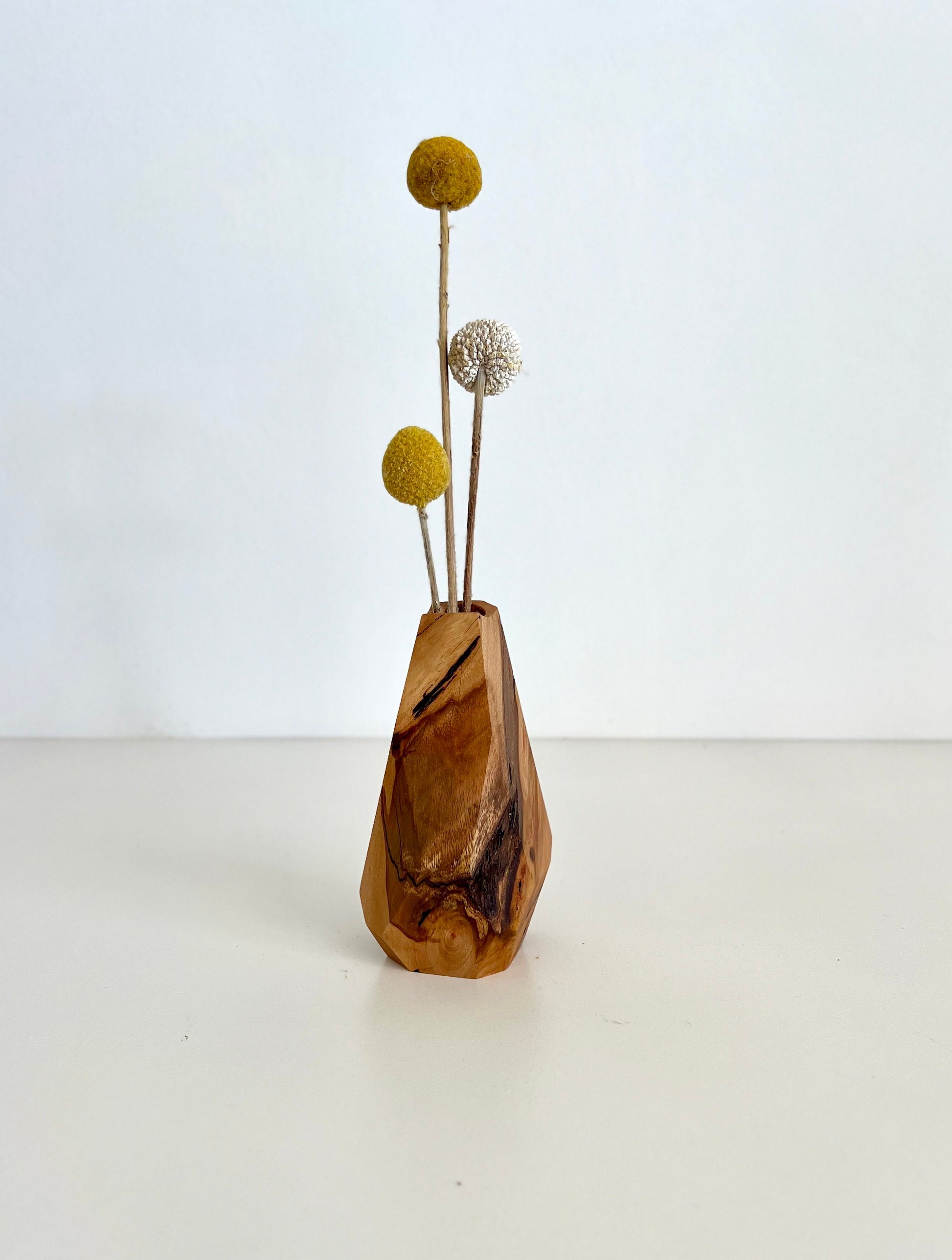 Wooden Geometric multi-faceted bud vase with dried flowers made from Australian reclaimed timber