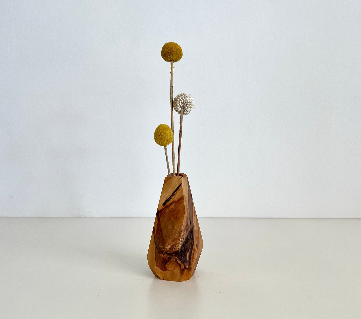 Wooden Geometric multi-faceted bud vase with dried flowers made from Australian reclaimed timber