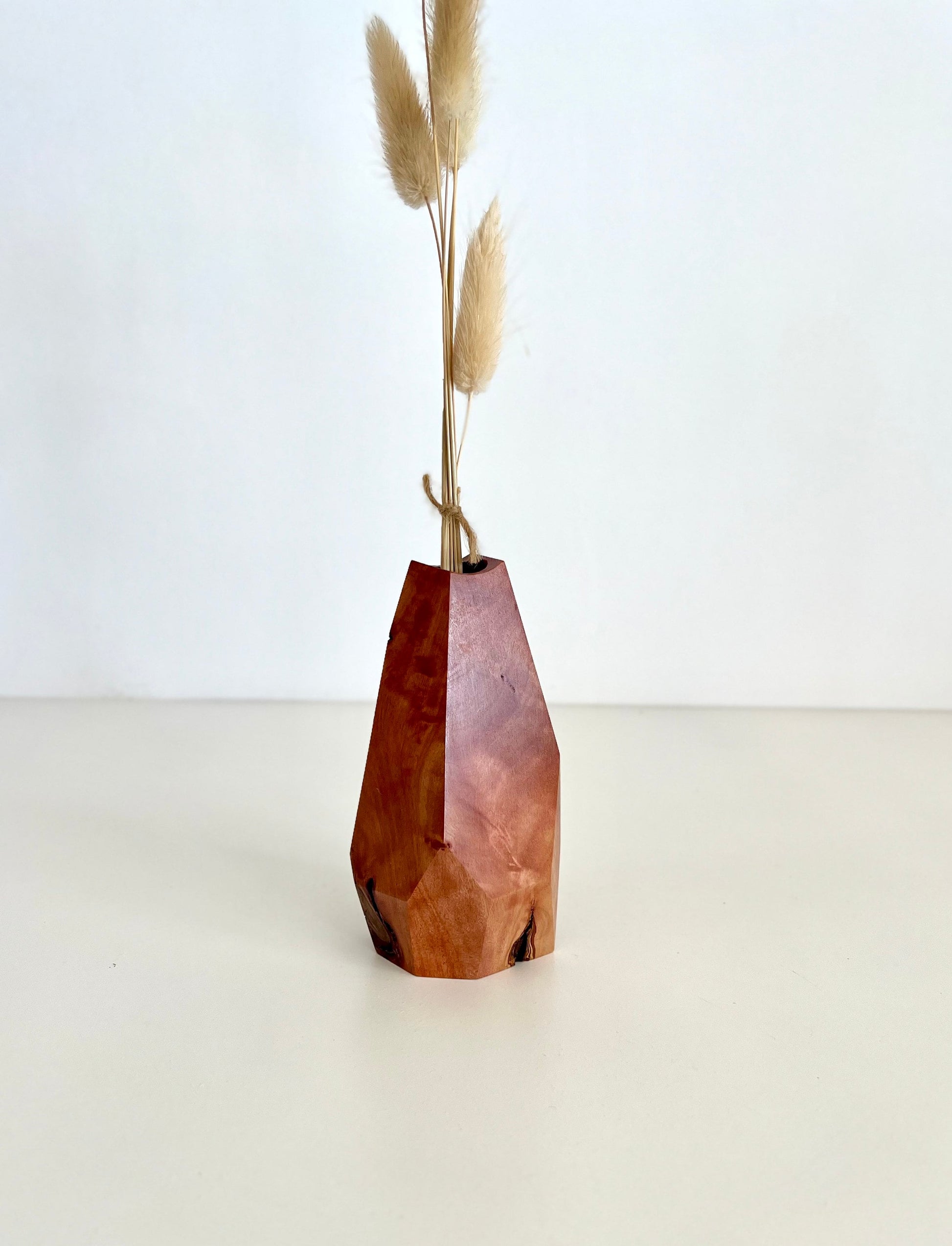 Wooden Geometric multi-faceted bud vase with dried flowers made from Australian reclaimed timber